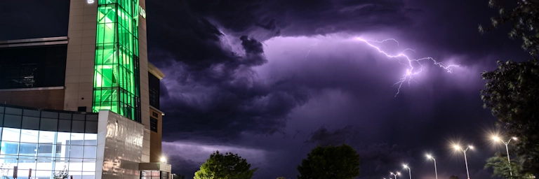 A lightning strike in the skies above Robin Hall