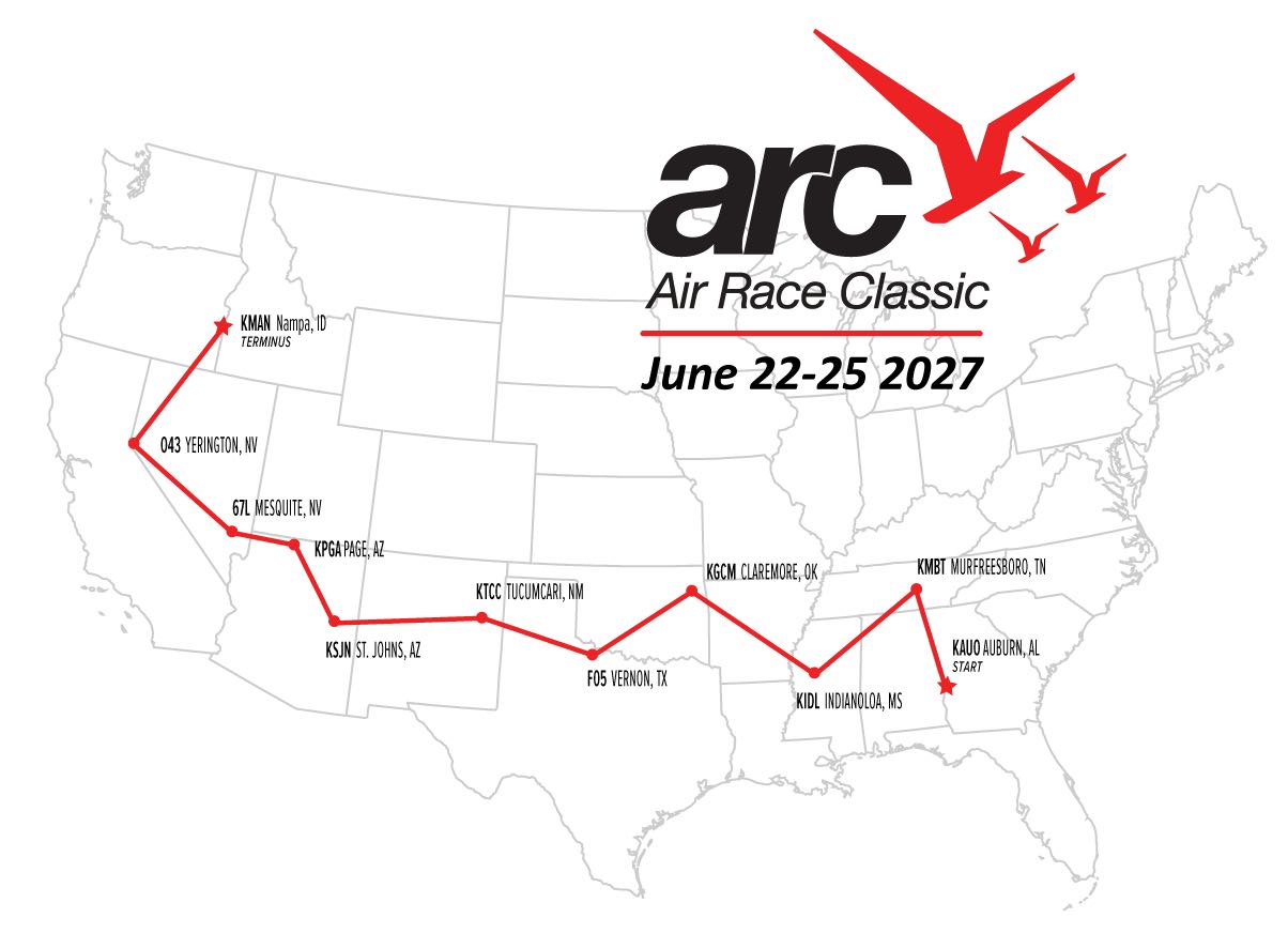 A map showing the route of the Air Race Classic 2027 race
