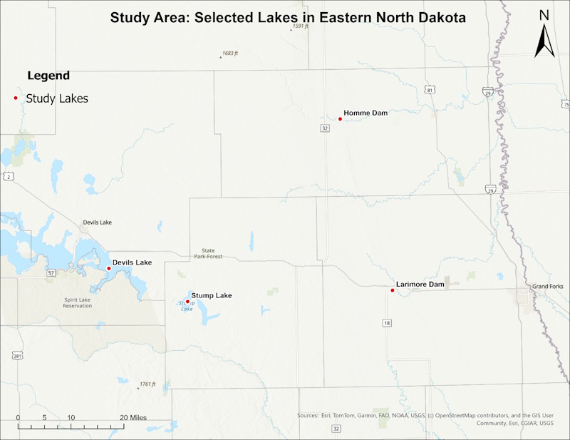 A map of eastern North Dakota highlighting the four lakes in the study